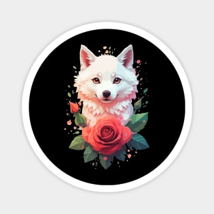 Serenity in Red: Watercolor White Wolf Among Roses Magnet